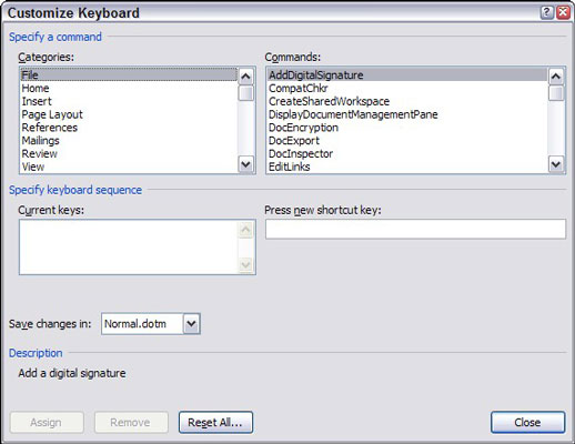 customize keyboard window in word - پنجره تعریف کلید میانبر در ورد